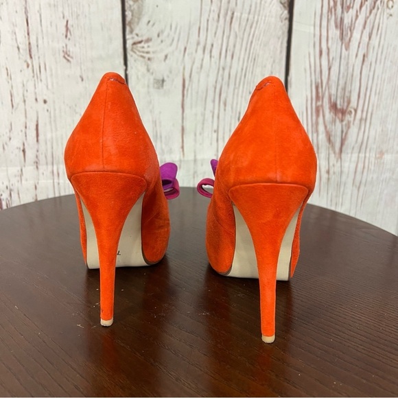 JEFFREY CAMPBELL GARRET orange combo Women's Bow Accent peep toe high heels 7.5 - Picture 12 of 16